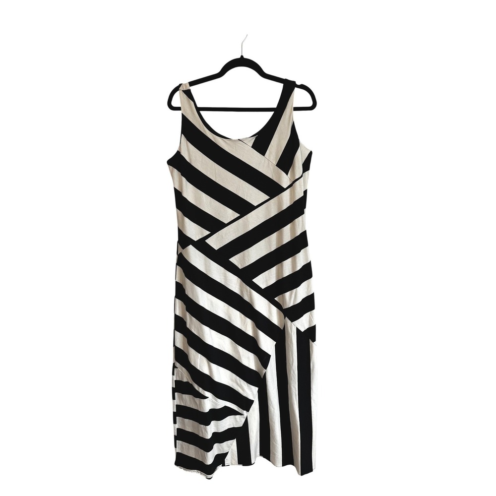 B-Design Midi Dress Size 14 Black Ivory Striped Sleeveless Stretch Summer Casual